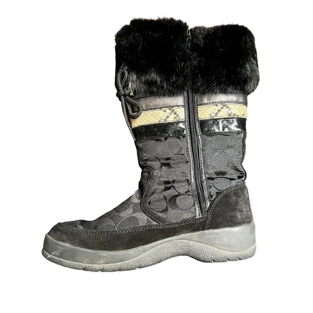 ▶️ Coach ◀️ Lorna Black Monogram Boots With Rabbit Fur Trim Size 7